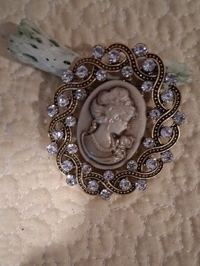 Gold-Tone Cameo Brooch with Clear Crystal Accents - Ivory Cameo